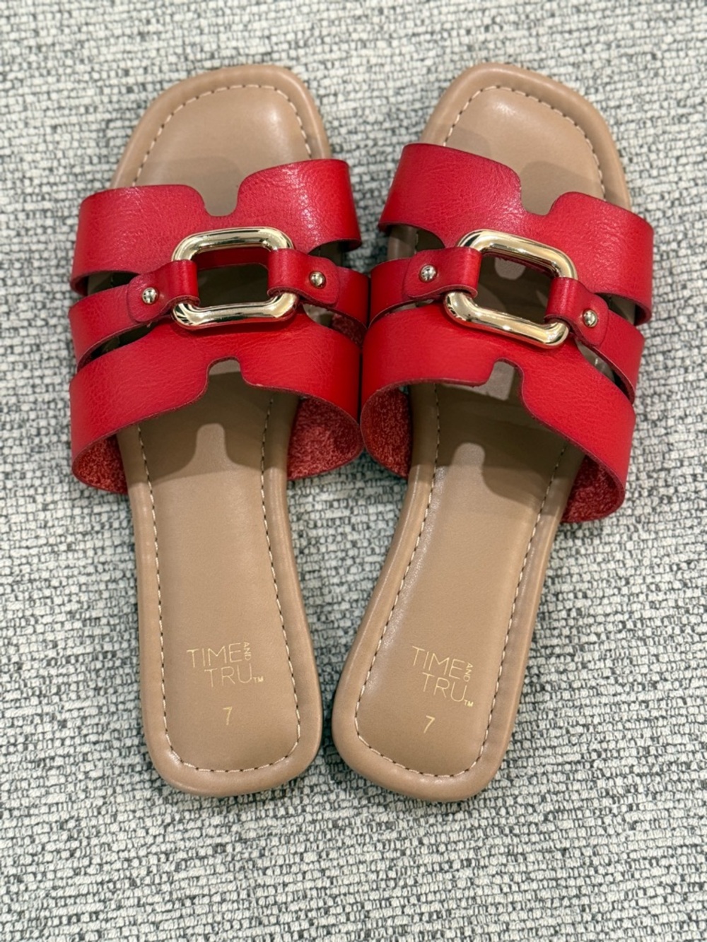 Time and Tru Red Slide Sandals with Gold Buckle